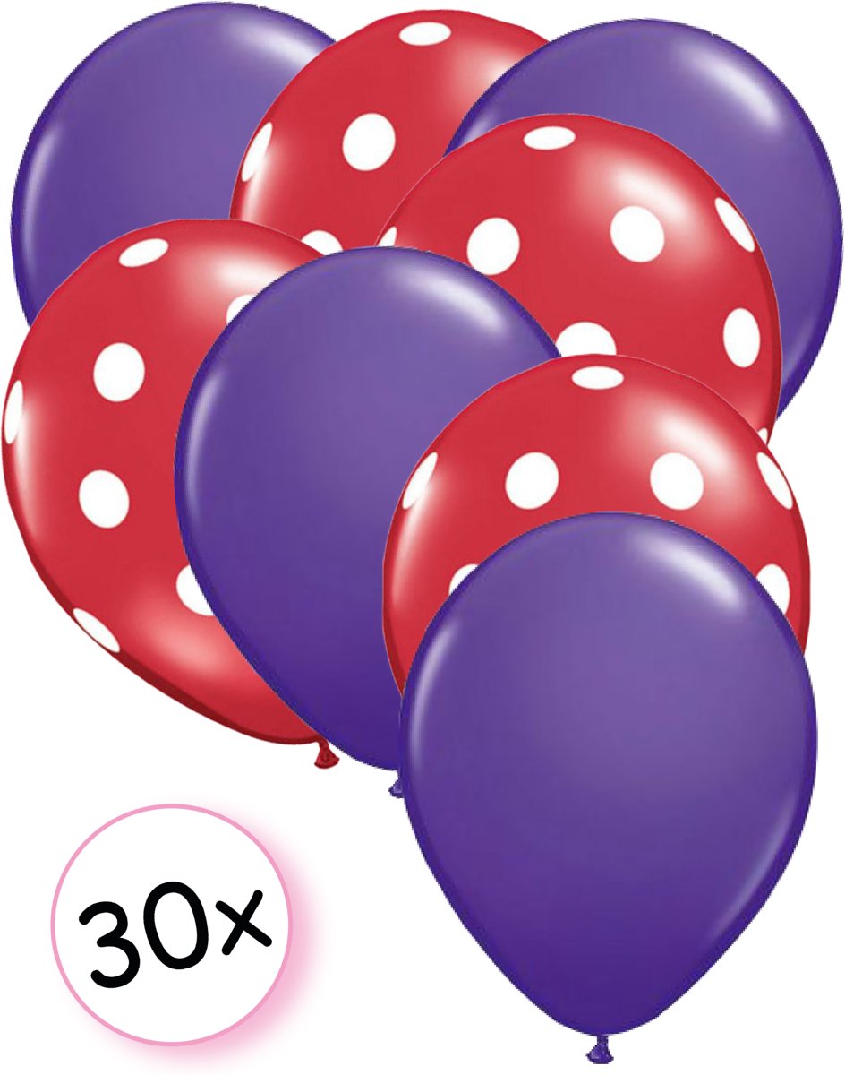 Ballonnen Paars & Dots Rood-Wit 30 stuks 27 cm